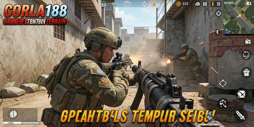 Tampilan gameplay intens di CORLA188 dengan aksi tembak-tembakan seru.