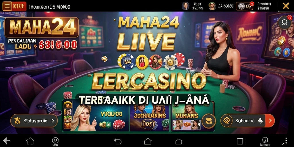 Screenshot MAHA24 menampilkan dealer cantik dan permainan Live Casino yang seru.