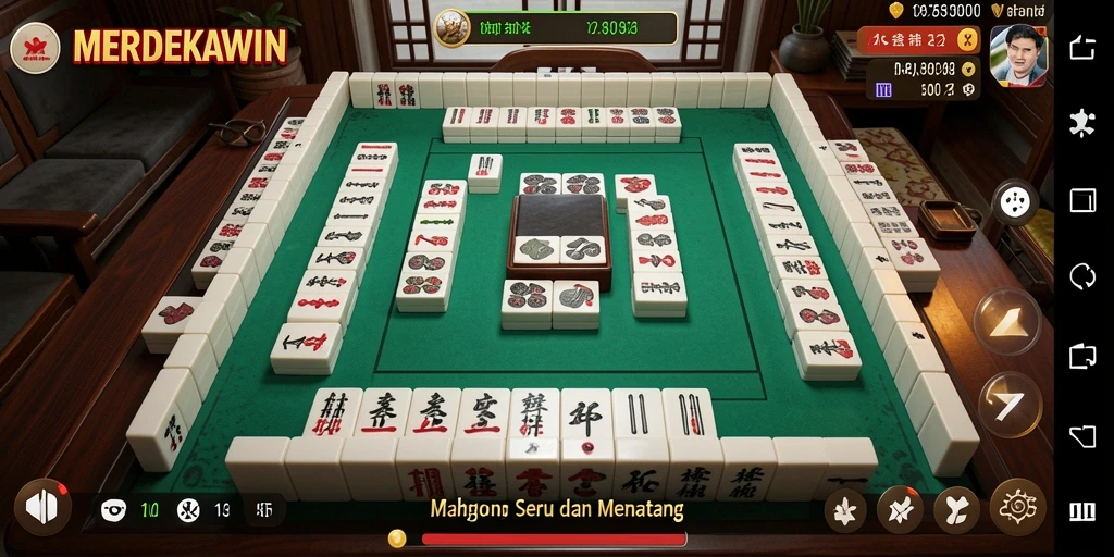 Tampilkan gameplay MERDEKAWIN yang penuh warna dalam suasana Mahjong.