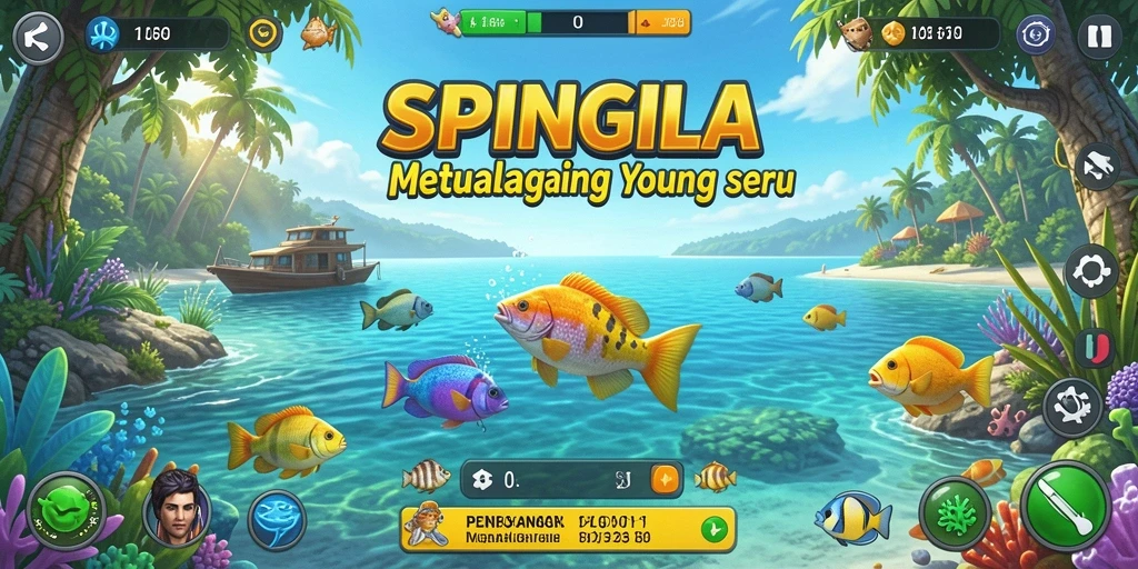 Tampilan gameplay SPINGILA dengan aktivitas memancing yang seru.