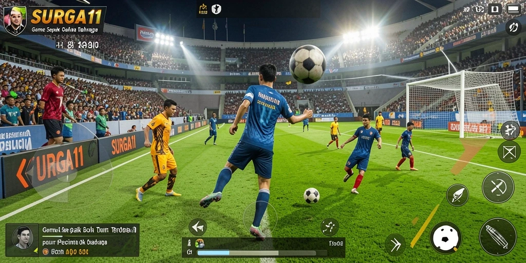 Tangkapan layar utama SURGA11 menunjukkan aksi seru dalam gameplay sepak bola.