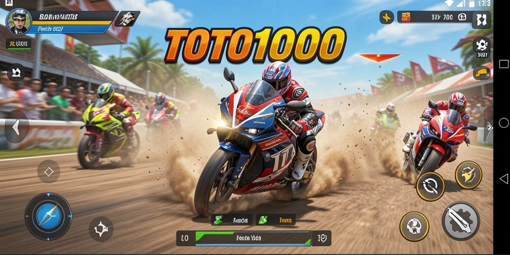 Gameplay seru di TOTO1000 dengan aksi balap motor yang mendebarkan.