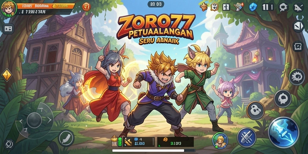 Tampilan gameplay menarik ZORO77 dengan karakter Anime yang beragam.